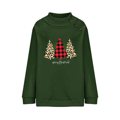 High Round Neck Button Christmas Loose Long Sleeve Sweatershirt Women