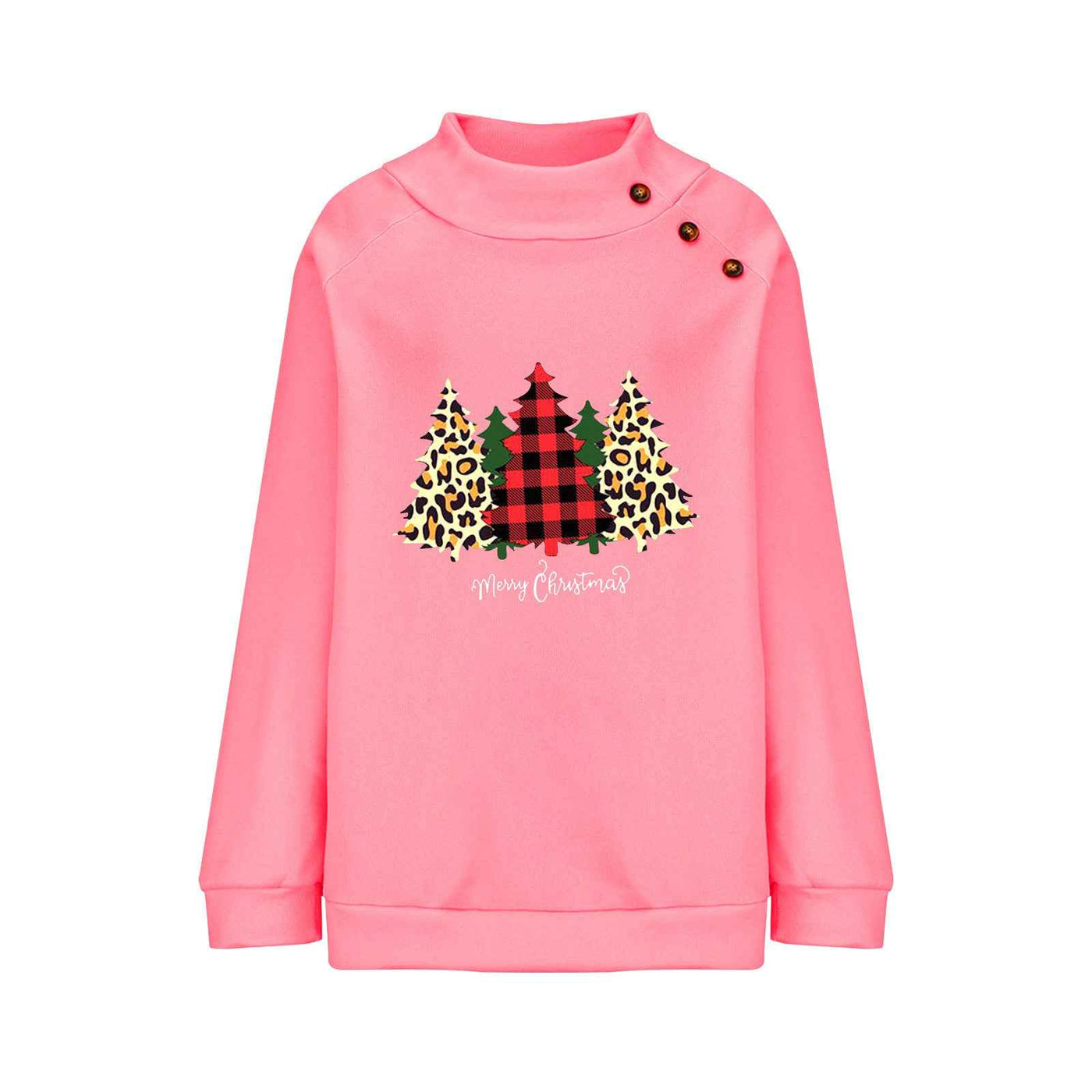High Round Neck Button Christmas Loose Long Sleeve Sweatershirt Women