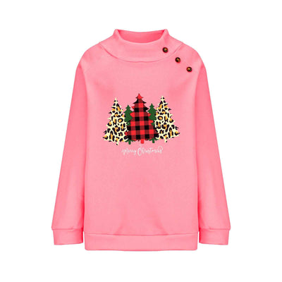 High Round Neck Button Christmas Loose Long Sleeve Sweatershirt Women