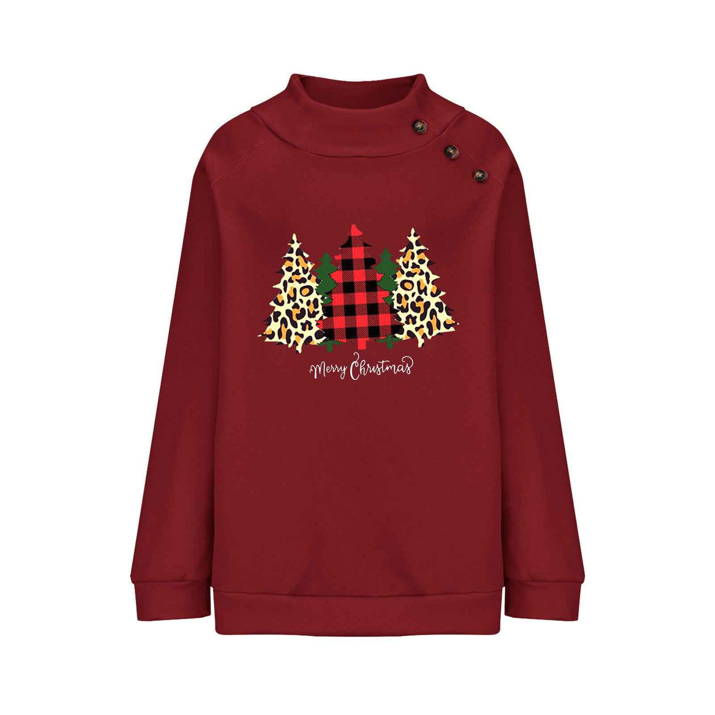 High Round Neck Button Christmas Loose Long Sleeve Sweatershirt Women
