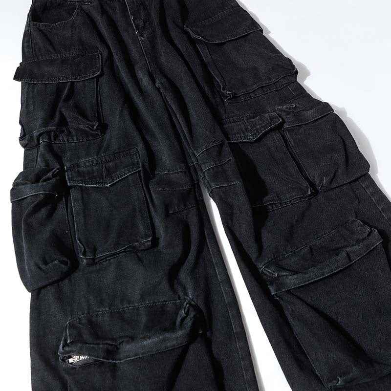 High Street Multi-pocket Heavy Industry Washed Old Cargo Jeans