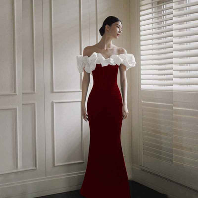 French Satin Evening Dress New Bridal Off-shoulder Elegant Fishtail Welcome Dress