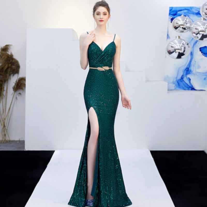 New Banquet Elegant Annual Meeting Long Host Deep V Sexy Fishtail Sequined Dress