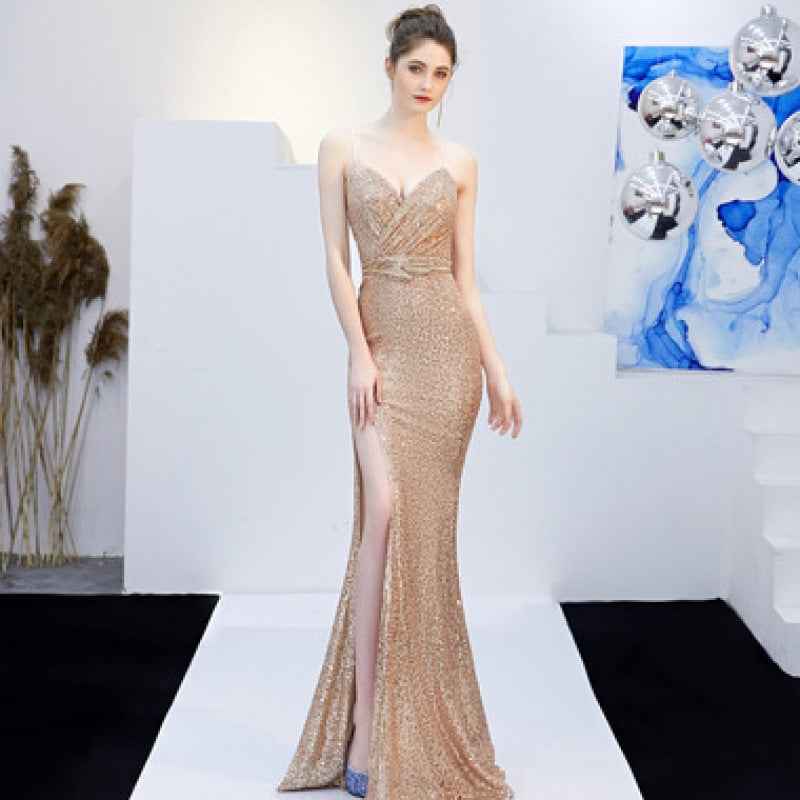 New Banquet Elegant Annual Meeting Long Host Deep V Sexy Fishtail Sequined Dress