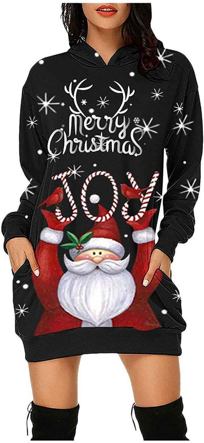 Women's Long-sleeved Sweater Dress Autumn New Christmas Print Hooded Skirt