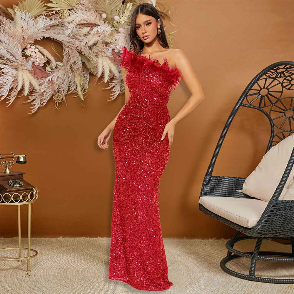 Black Paillette Feather Stitching Sequin Sexy Evening Dress Women