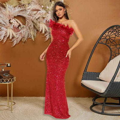 Black Paillette Feather Stitching Sequin Sexy Evening Dress Women