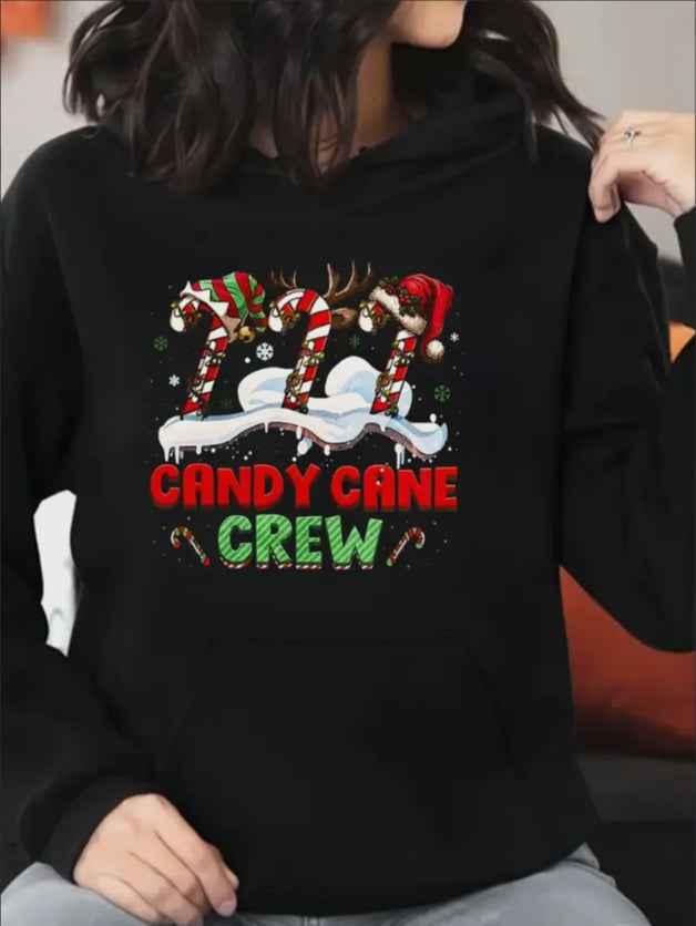 Candy Cane Pattern Christmas Print Hoodie Graphic Long Sleeve Women Plus Size Sweatshirt Soft, And Comfortable