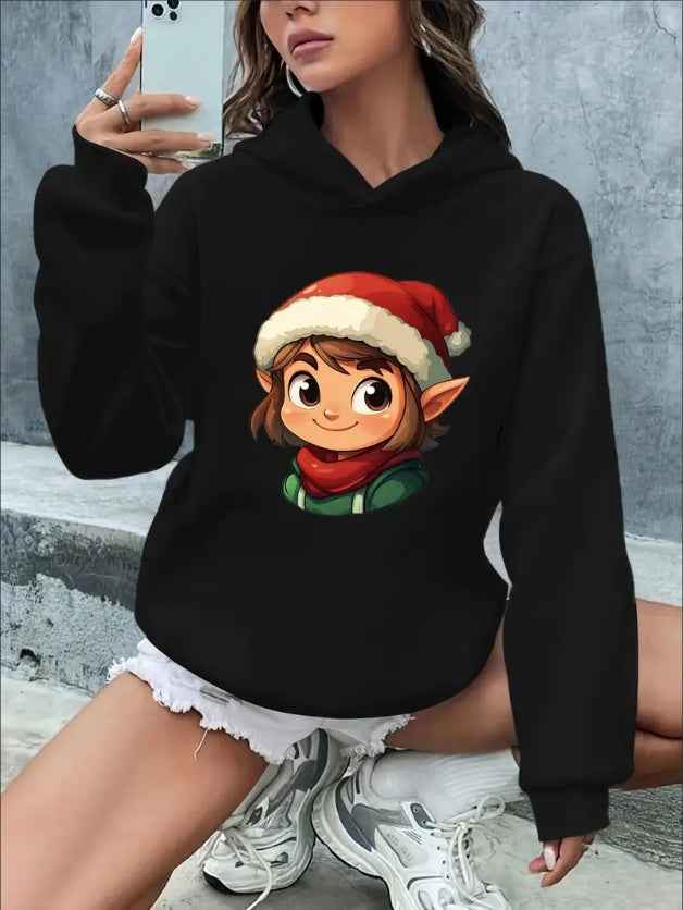 Christmas Graphic Print Hoodie, Drawstring Casual Hooded Sweatshirt For Winter & Fall, Women's Clothing