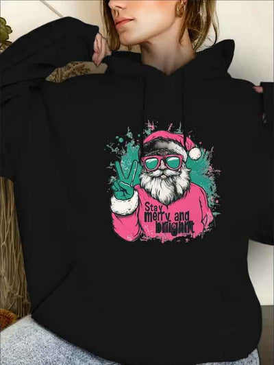 Christmas Santa Claus Print Drawstring Hooded Sweatshirt, Long Sleeves Kangaroo Pocket Casual Hoodie, Women's Clothing