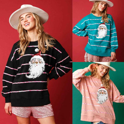Christmas Sequined Top Striped Long Sleeve