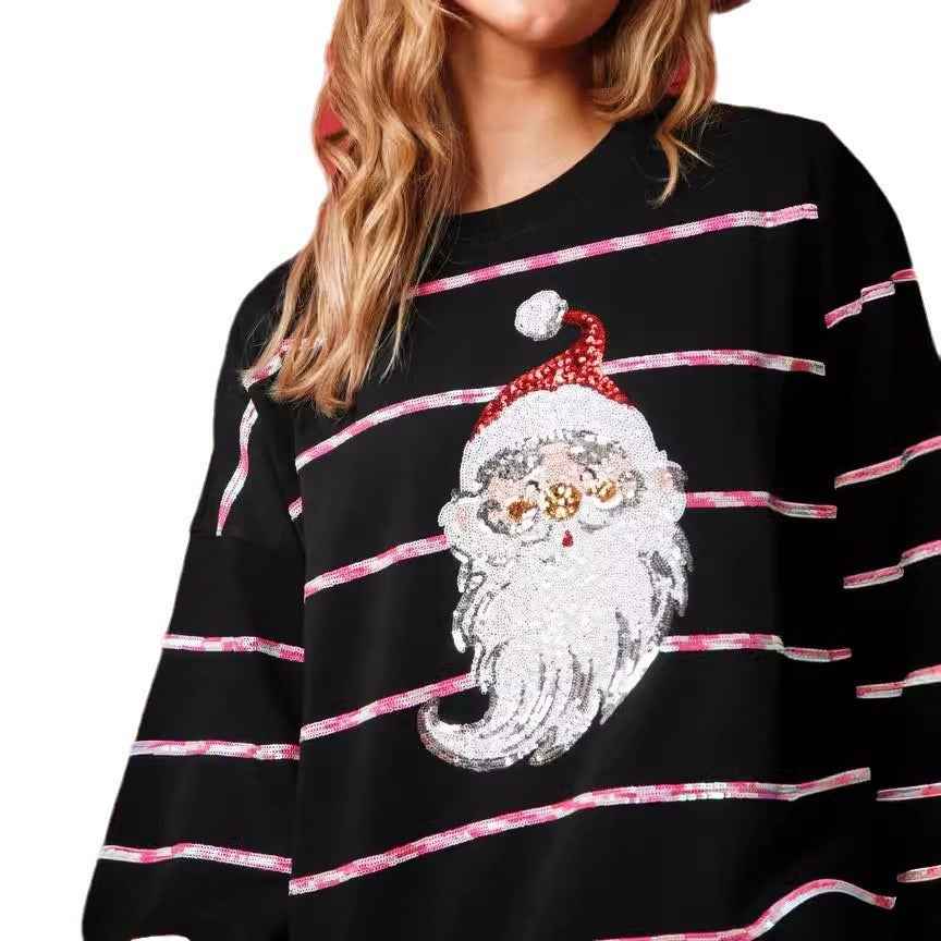 Christmas Sequined Top Striped Long Sleeve