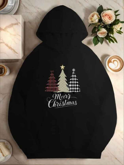 Christmas Tree Print Casual Hooded Sweatshirt, Women's Plus Size Long Sleeve Hoodie For Fall & Winter