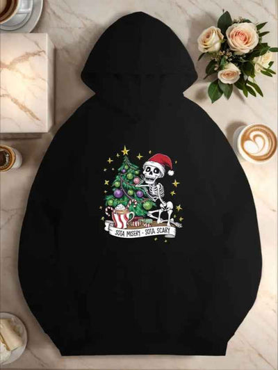 Christmas Tree & Skull Print Casual Hooded Sweatshirt, Women's Plus Size Long Sleeve Hoodie For Fall & Winter
