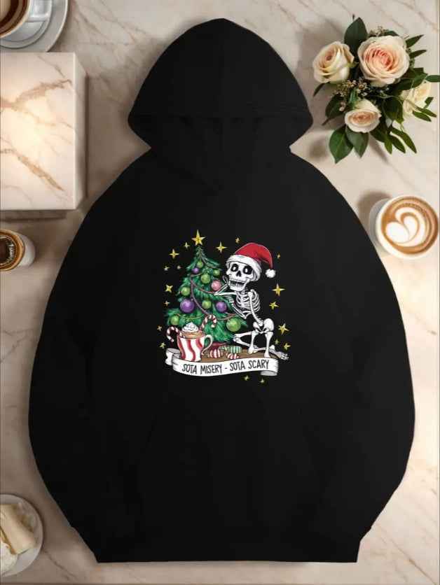 Christmas Tree & Skull Print Casual Hooded Sweatshirt, Women's Plus Size Long Sleeve Hoodie For Fall & Winter