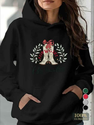 Cowgirl Christmas Club Print Kangaroo Pocket Hoodie, Casual Long Sleeve Hooded Sweatshirt, Women's Clothing