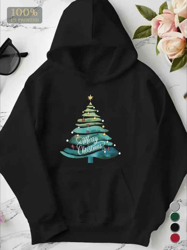 Cozy Plus Size Women's Hoodie With Christmas Tree Print - Casual Long Sleeve, Drawstring, Pockets  Machine Washable