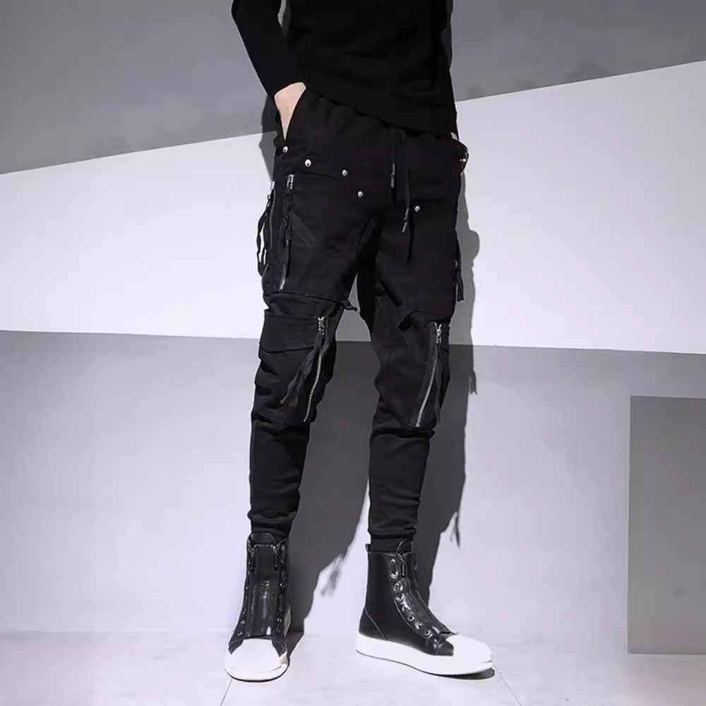 Dark Fashion Zipper Decorative Slim Fit Feet Harem Overalls