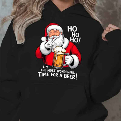Festive Christmas Graphic Hoodie For Women, Plus Size Casual  Sweatshirt With Santa And Beer Design, Long Sleeve Pullover With Pockets, Oversized Hooded Top For Fall Winter