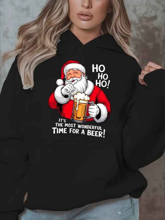 Festive Christmas Graphic Hoodie For Women, Plus Size Casual  Sweatshirt With Santa And Beer Design, Long Sleeve Pullover With Pockets, Oversized Hooded Top For Fall Winter