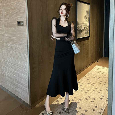 French Style Square Collar Long Dress For Women Hepburn Style Elegant Socialite Mesh Puff Sleeve Fishtail Dress