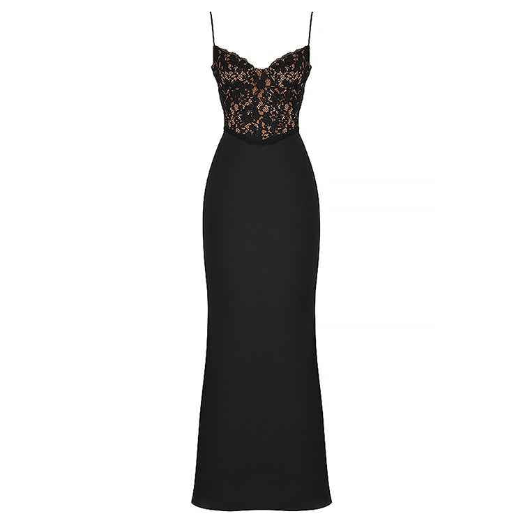 Lace High Waist Long Dress Deep V Strap Fishtail Gown