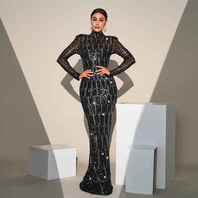 Long Sleeve Round Neck Slim-fit Sequined Banquet Evening Dress