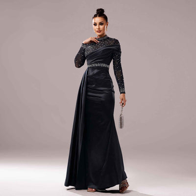 Long Sleeve Slim-fit Sheath Pearl Banquet Fishtail Evening Dress