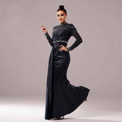 Long Sleeve Slim-fit Sheath Pearl Banquet Fishtail Evening Dress