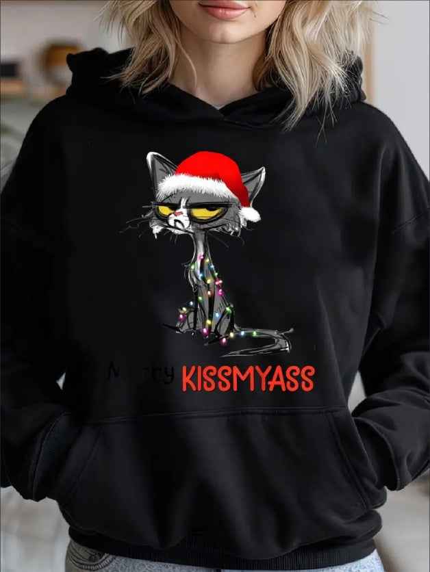 Merry Kissmyass Funny Christmas Black Cat Cozy Classic Print Pullover Hoodie, Casual Long Sleeve Hoodie For Sprots