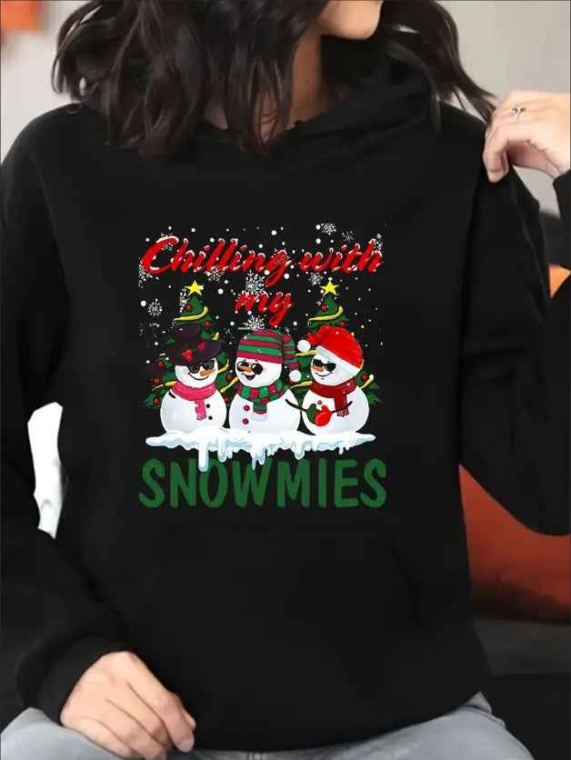 Plus Size Snowmies Christmas Snowmen Print Hoodie Women Long Sleeve Drawstring With Pockets, Soft