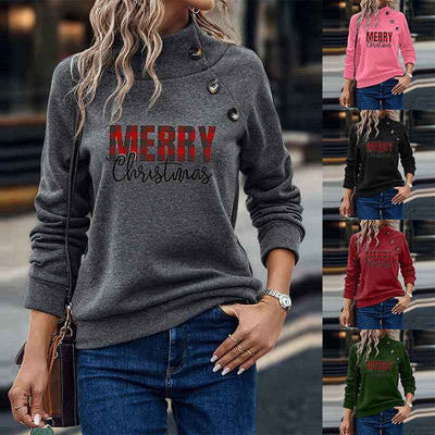 Printed Turtleneck Christmas Letter Loose Sweatshirt Women