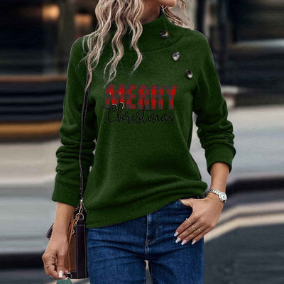 Printed Turtleneck Christmas Letter Loose Sweatshirt Women