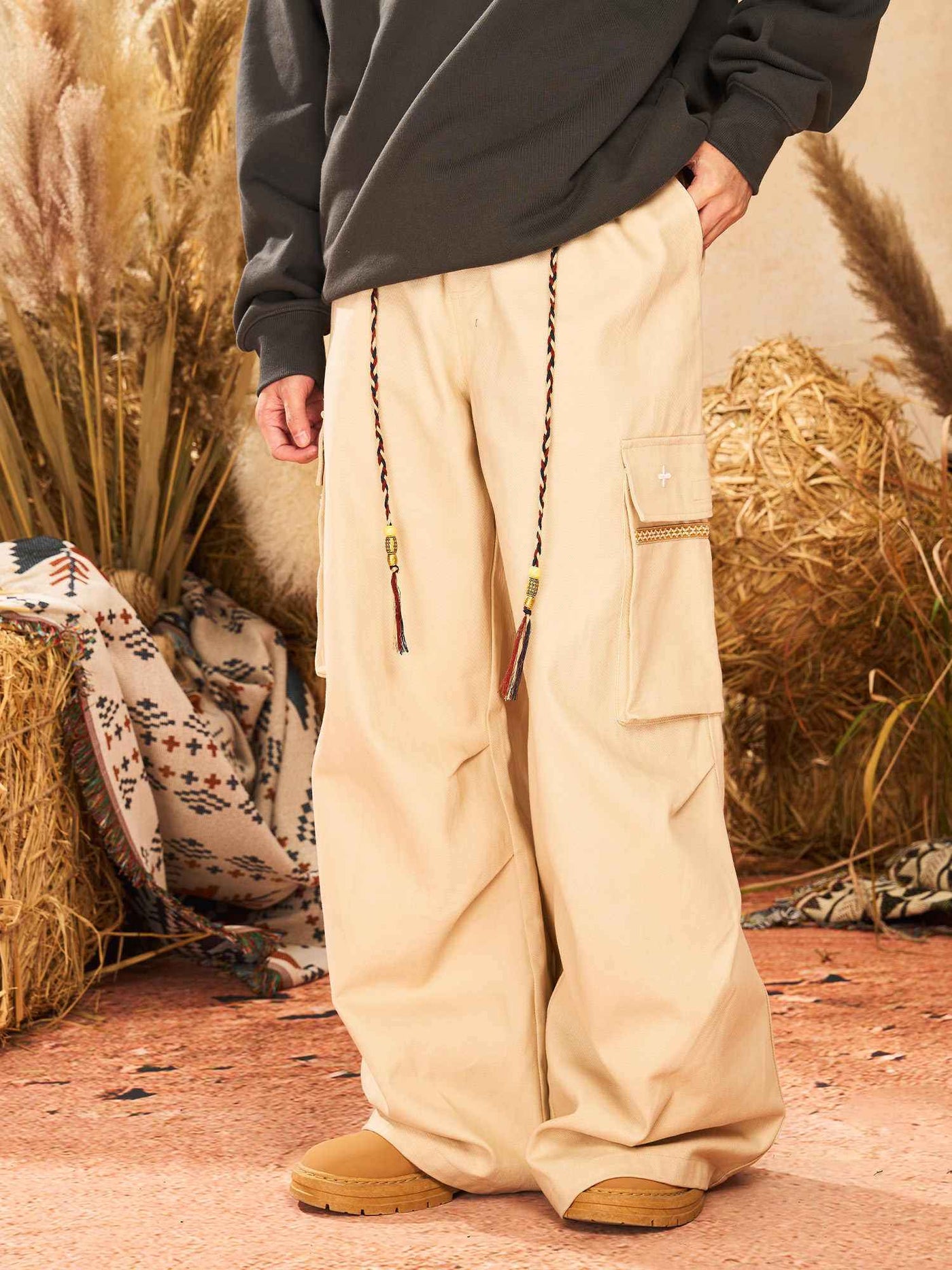 Ribbon Waist Strap Wide-leg Workwear Straight-leg Pants