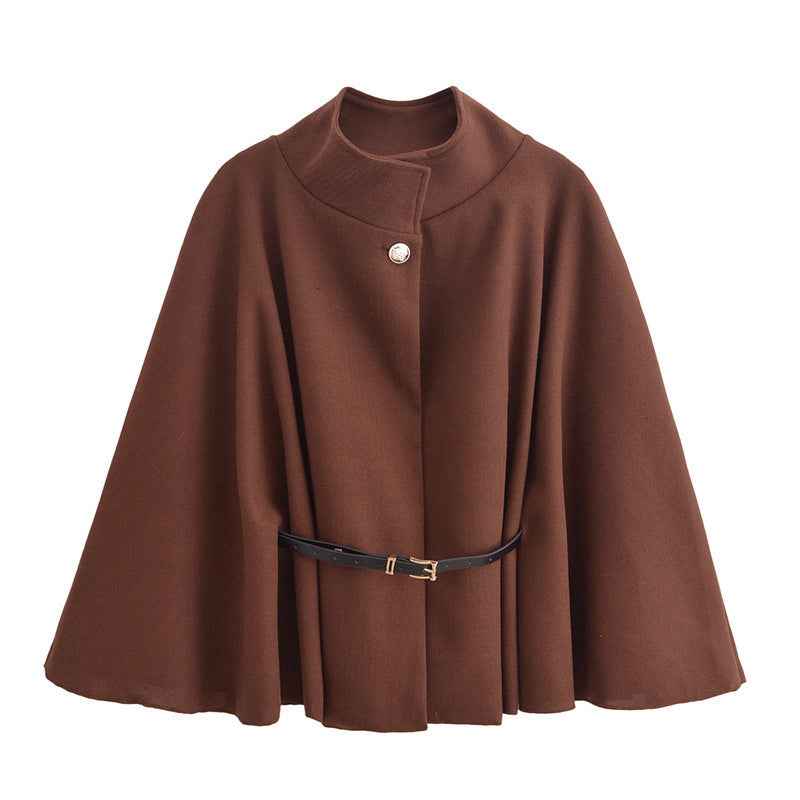 New Stand Collar Batwing Sleeves Cloak Top With Belt Ins Fashion Temperament Jacket Woolen Sweater Outwear For Women Clothing