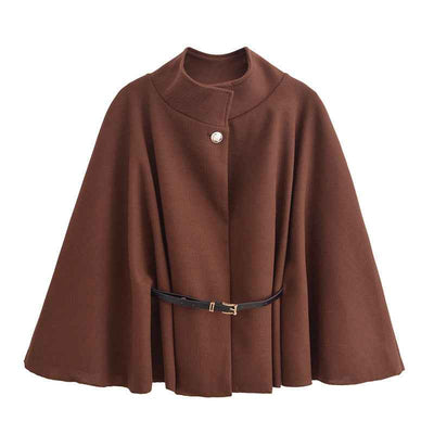 New Stand Collar Batwing Sleeves Cloak Top With Belt Ins Fashion Temperament Jacket Woolen Sweater Outwear For Women Clothing