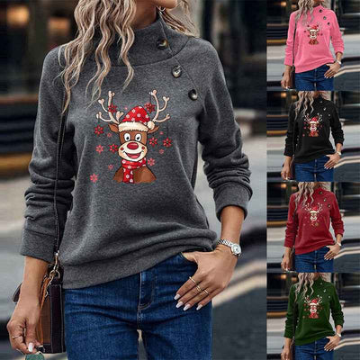 Turtleneck Buttons Christmas Deer Loose Sweater Female