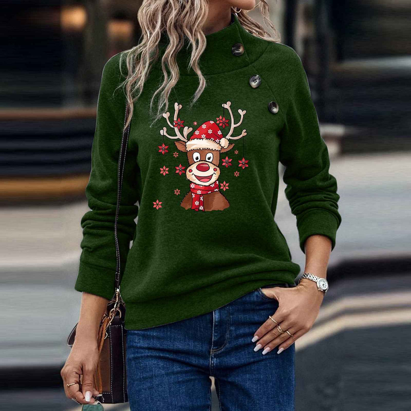 Turtleneck Buttons Christmas Deer Loose Sweater Female