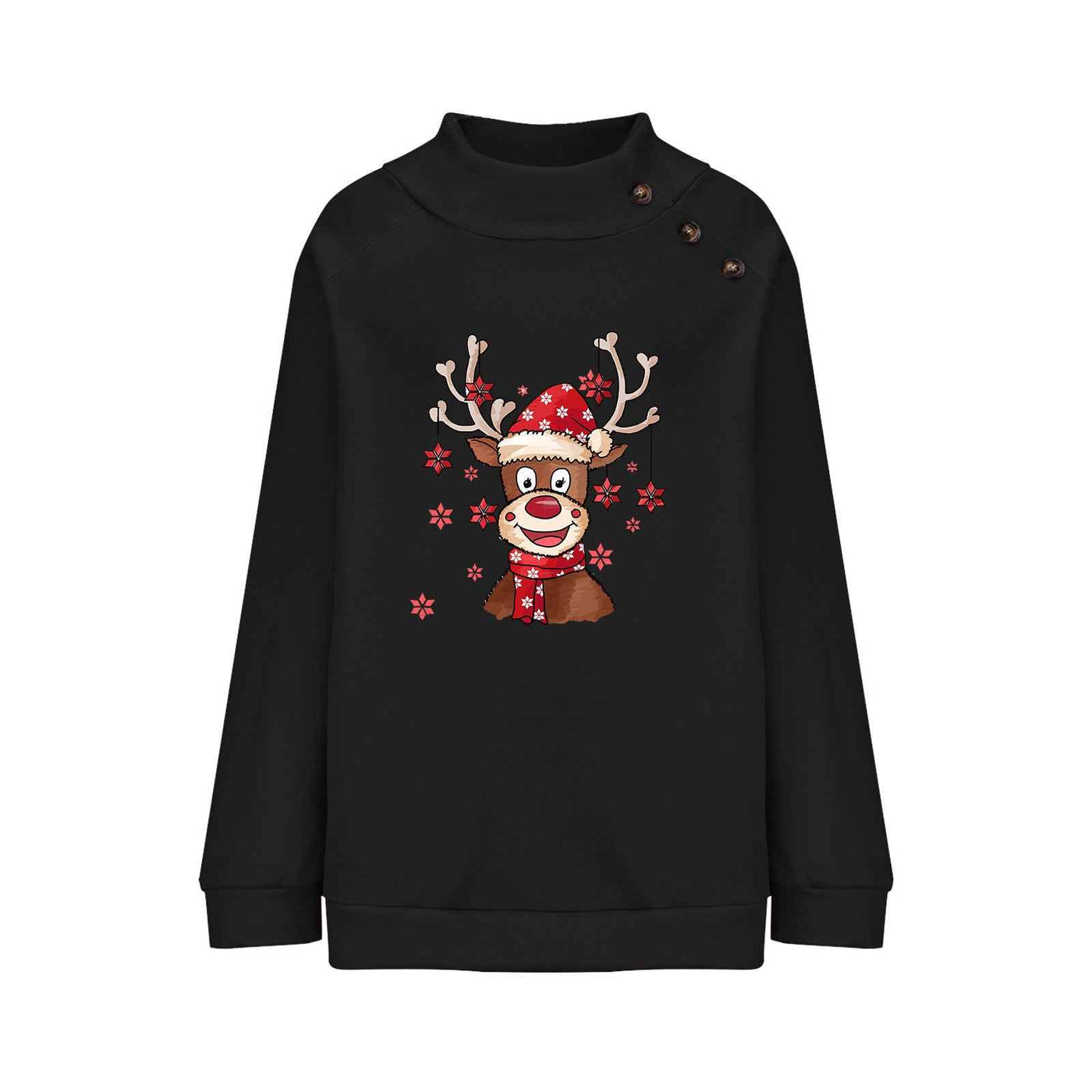Turtleneck Buttons Christmas Deer Loose Sweater Female