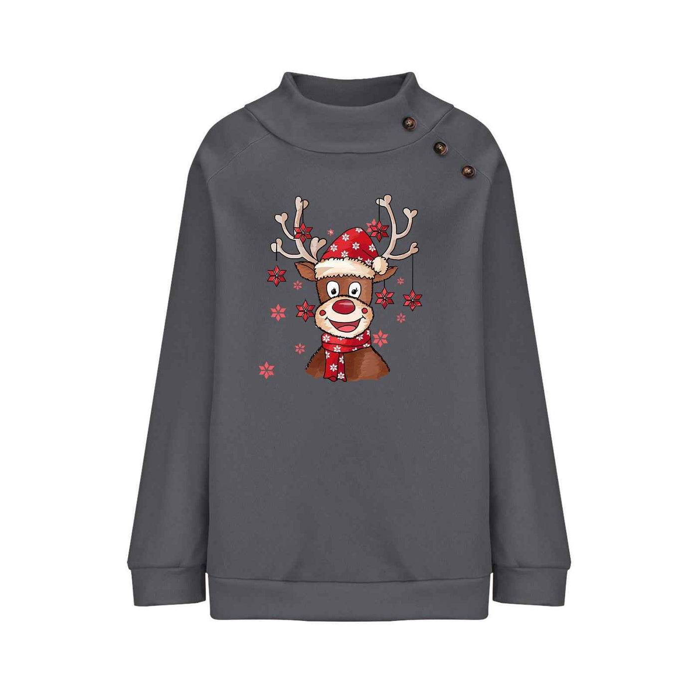 Turtleneck Buttons Christmas Deer Loose Sweater Female
