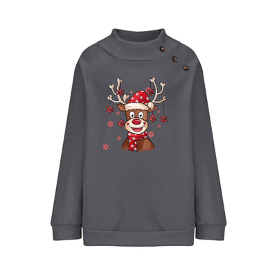 Turtleneck Buttons Christmas Deer Loose Sweater Female
