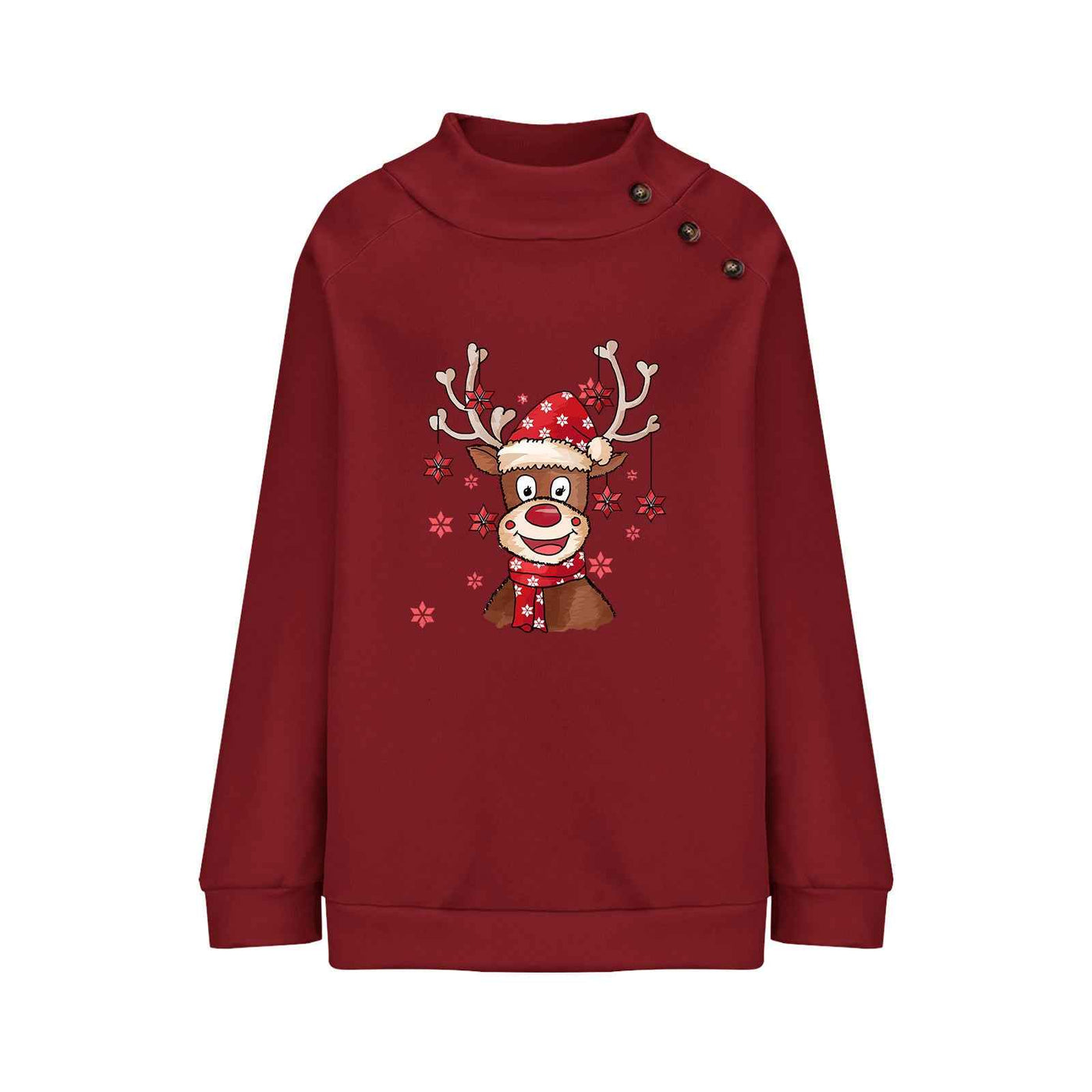Turtleneck Buttons Christmas Deer Loose Sweater Female