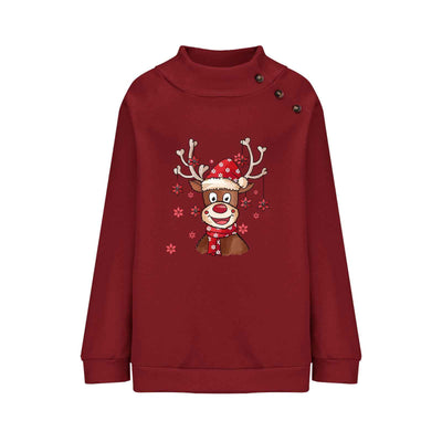 Turtleneck Buttons Christmas Deer Loose Sweater Female
