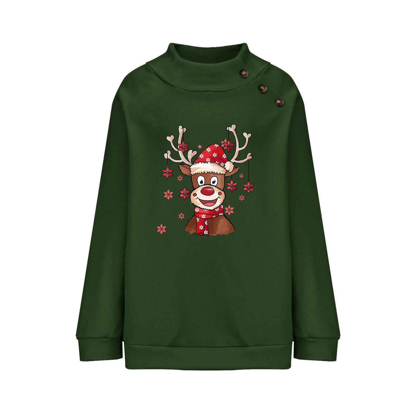Turtleneck Buttons Christmas Deer Loose Sweater Female