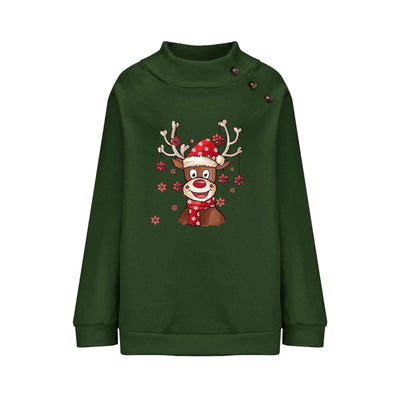 Turtleneck Buttons Christmas Deer Loose Sweater Female