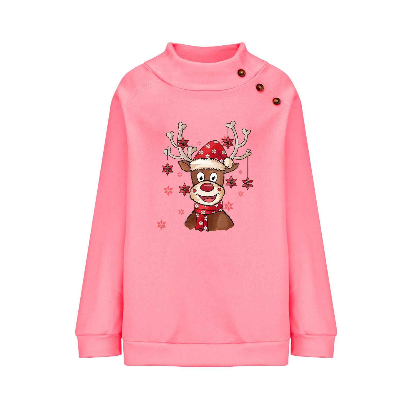 Turtleneck Buttons Christmas Deer Loose Sweater Female