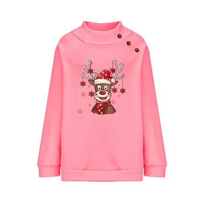 Turtleneck Buttons Christmas Deer Loose Sweater Female