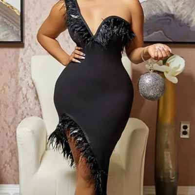 V-neck Sleeveless Chest Feather Irregular Midi Dress