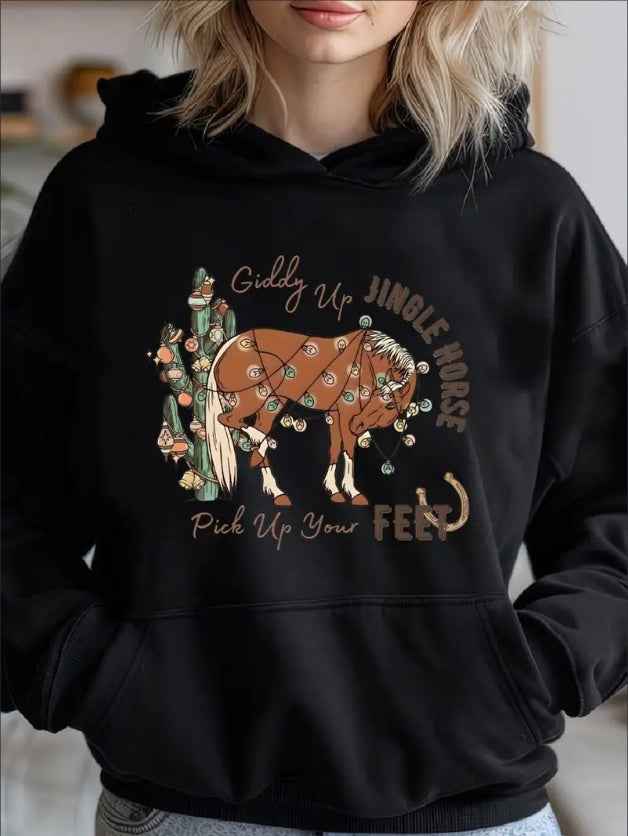 Western Christmas Hoodie,  Casual Fall Winter Hooded Top, Long Sleeve Pullover With Jingle Horse Graphic For Adults