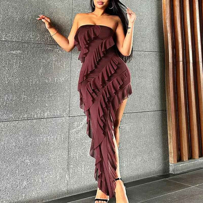 2025 Summer Trend Skinny Women's Fashion Tube Top Backless Split Tassel Dress Birthday Party Clubwear